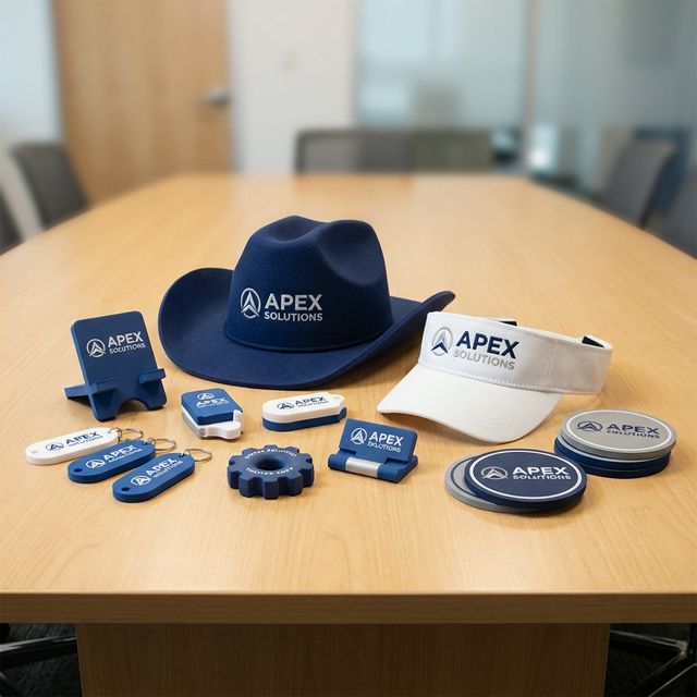 Corporate team with branded foam products at company event