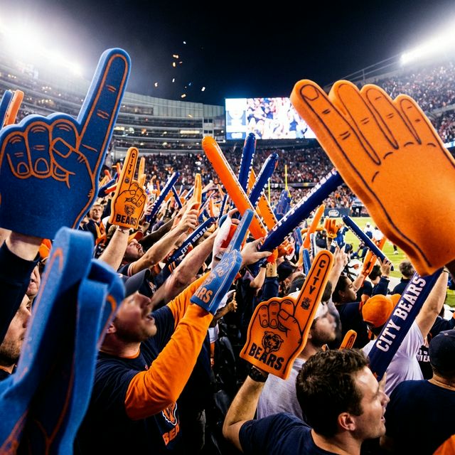 Massive crowd of fans cheering in professional stadium with foam fingers