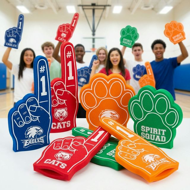 Students cheering at school sporting event with foam fingers