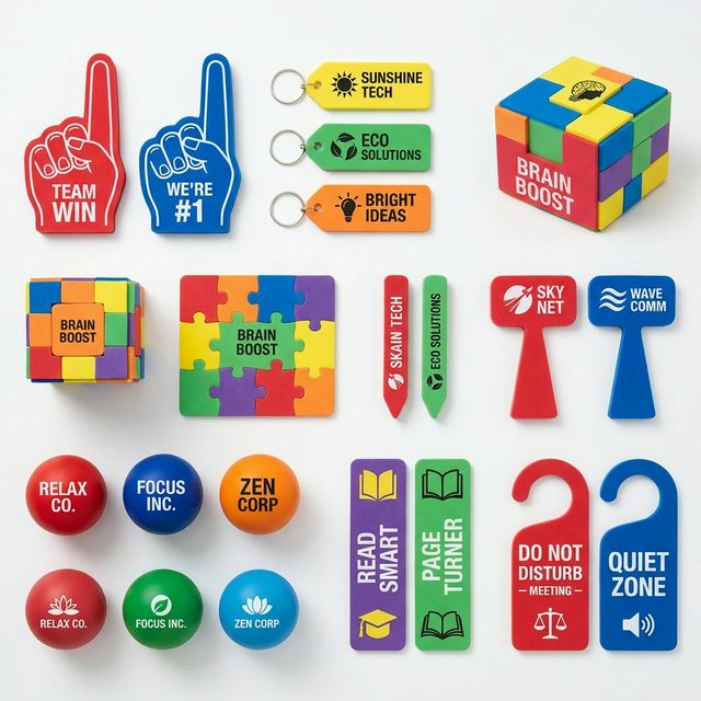 Trade show booth with branded foam promotional products displayed